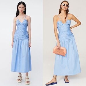 SUBOO Blue Cotton Smocked Bodice Sleeveless Back Cutout Drop Waist Midi Dress XS